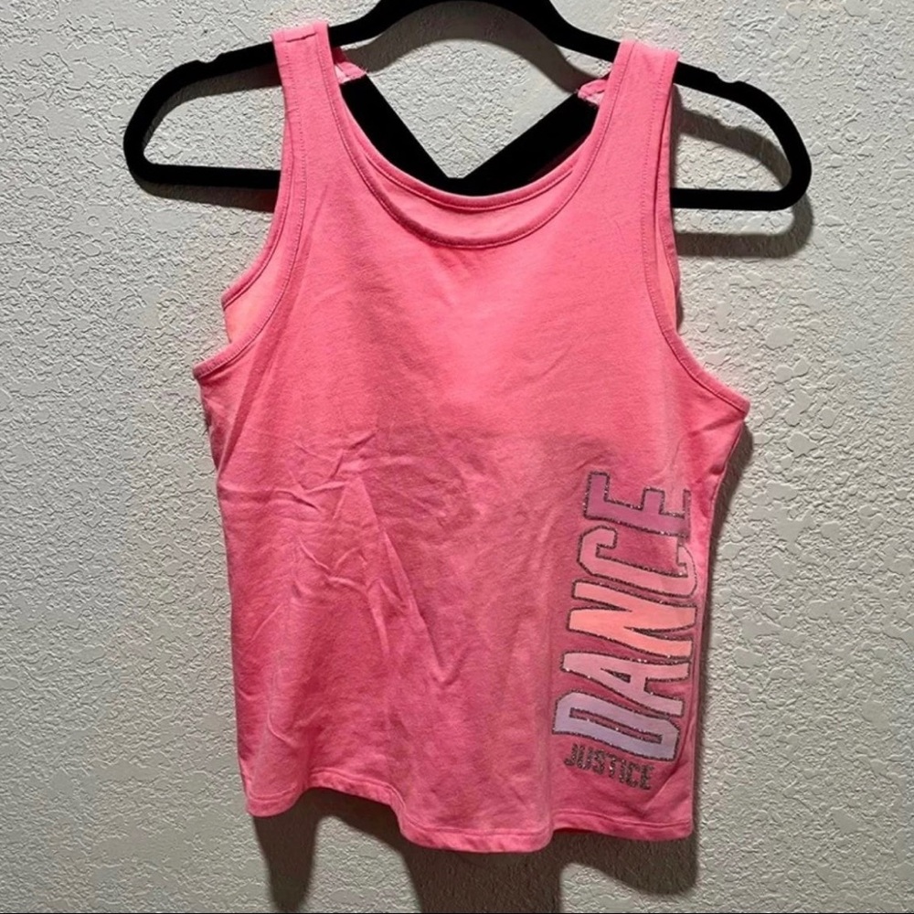 Justice Pink Sparkly Dance Graphic Bratank Back Cross Straps Tank Top